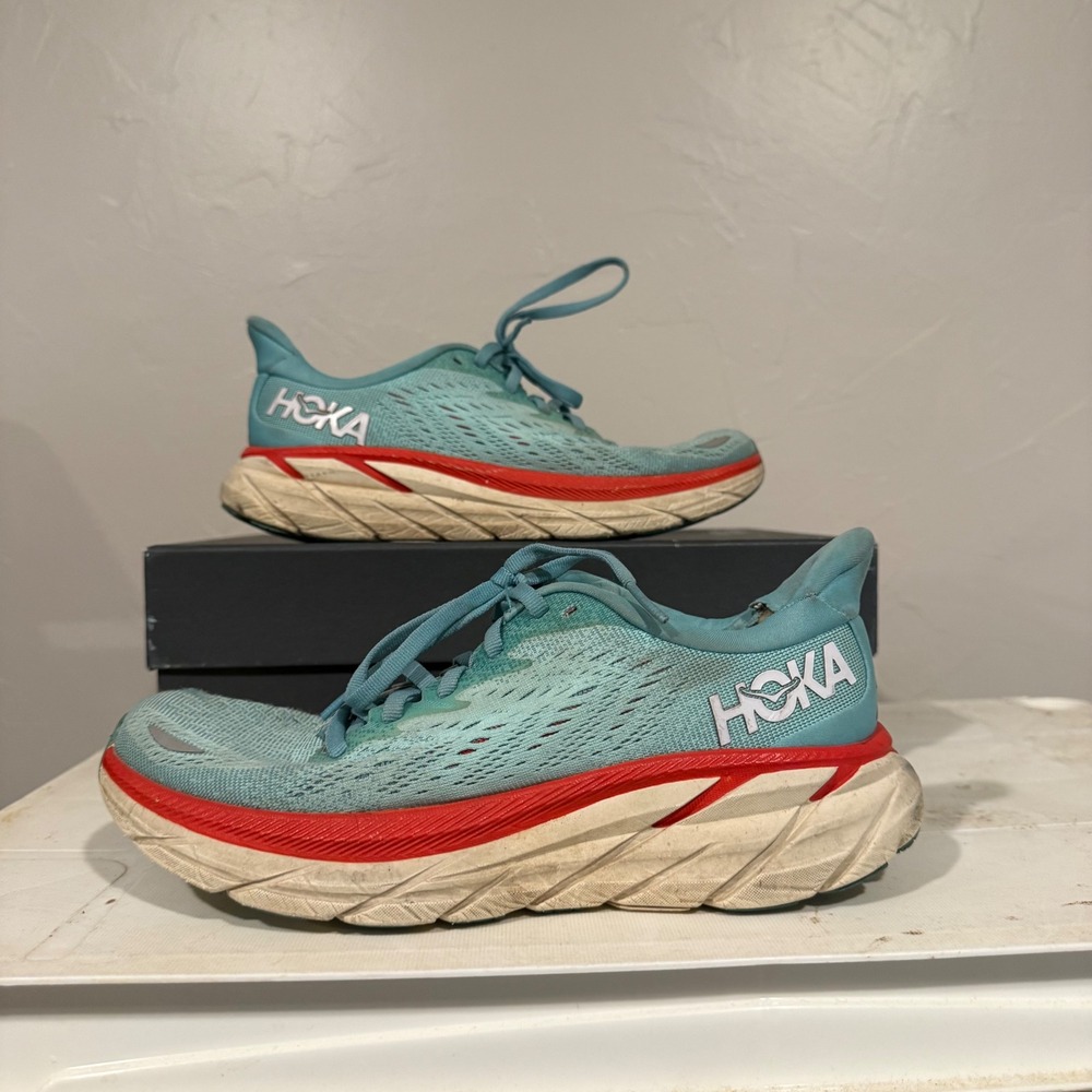Hoka Clifton 8 Running Shoes Womens‎ 6B Teal Blue Red Good 1119394 Sneakers